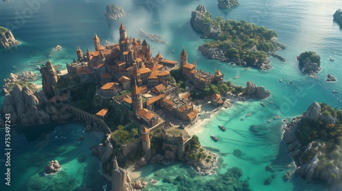 Fantasy Castle Town on an Island with Turquoise Waters
