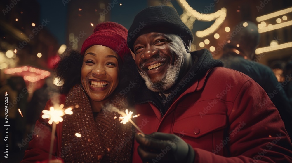 A happy couple poses together while holding a lit sparkler, Fictional Character Created By Generated AI.