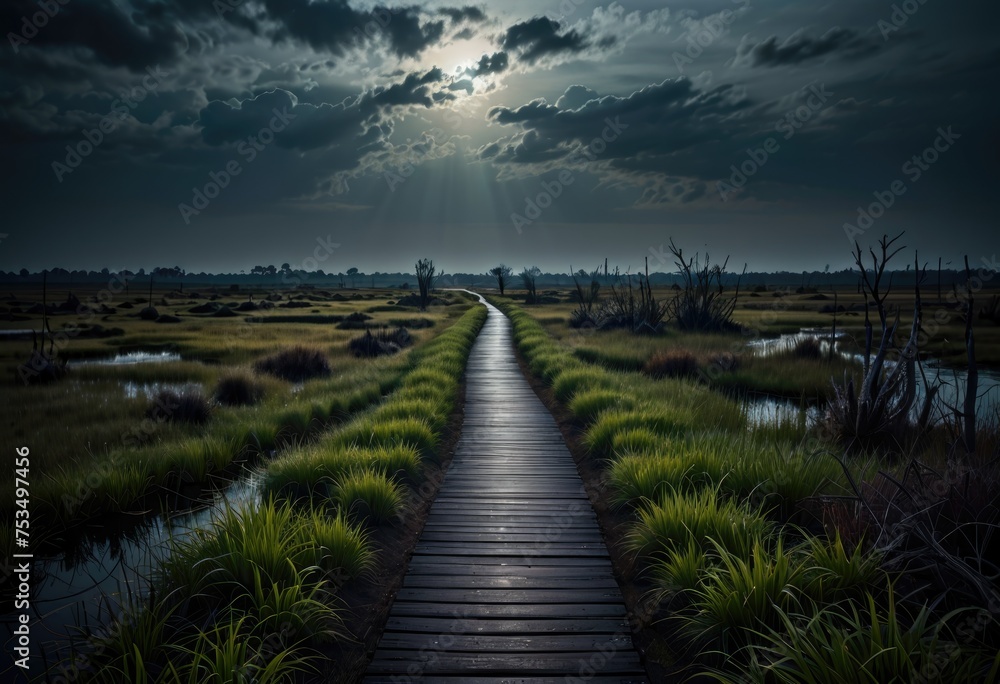 A view of the sky meeting the horizon, with a path winding through a dark and eerie swamp