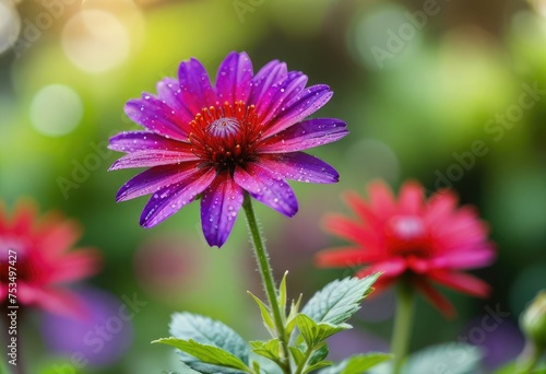 A vibrant purple and red flower blooms in the garden against a blurred bokeh background