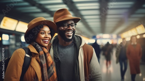 A Smiling African Young Couple Standing Together and Posing for a Photo in a Public Area or Airport. Fictional Character Created By Generated AI.