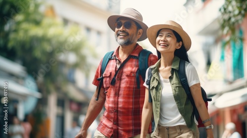 A happy couple wearing hats and backpacks, walking down a street together. Fictional Character Created By Generated AI.