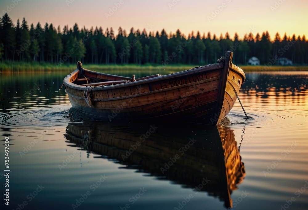 A wooden boat peacefully floating on the water during the serene evening by ai generated