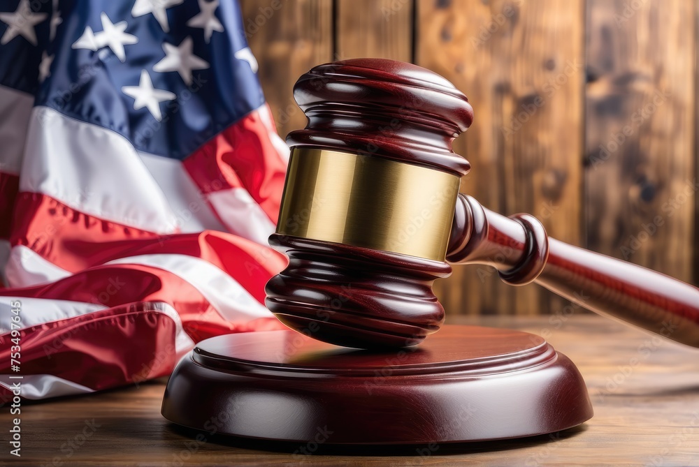 a wooden gavel rests beside the American flag on a table, embodying the law by ai generated