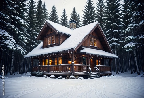 a wooden house nestled under a blanket of snow, creating a serene winter wonderland by ai generated