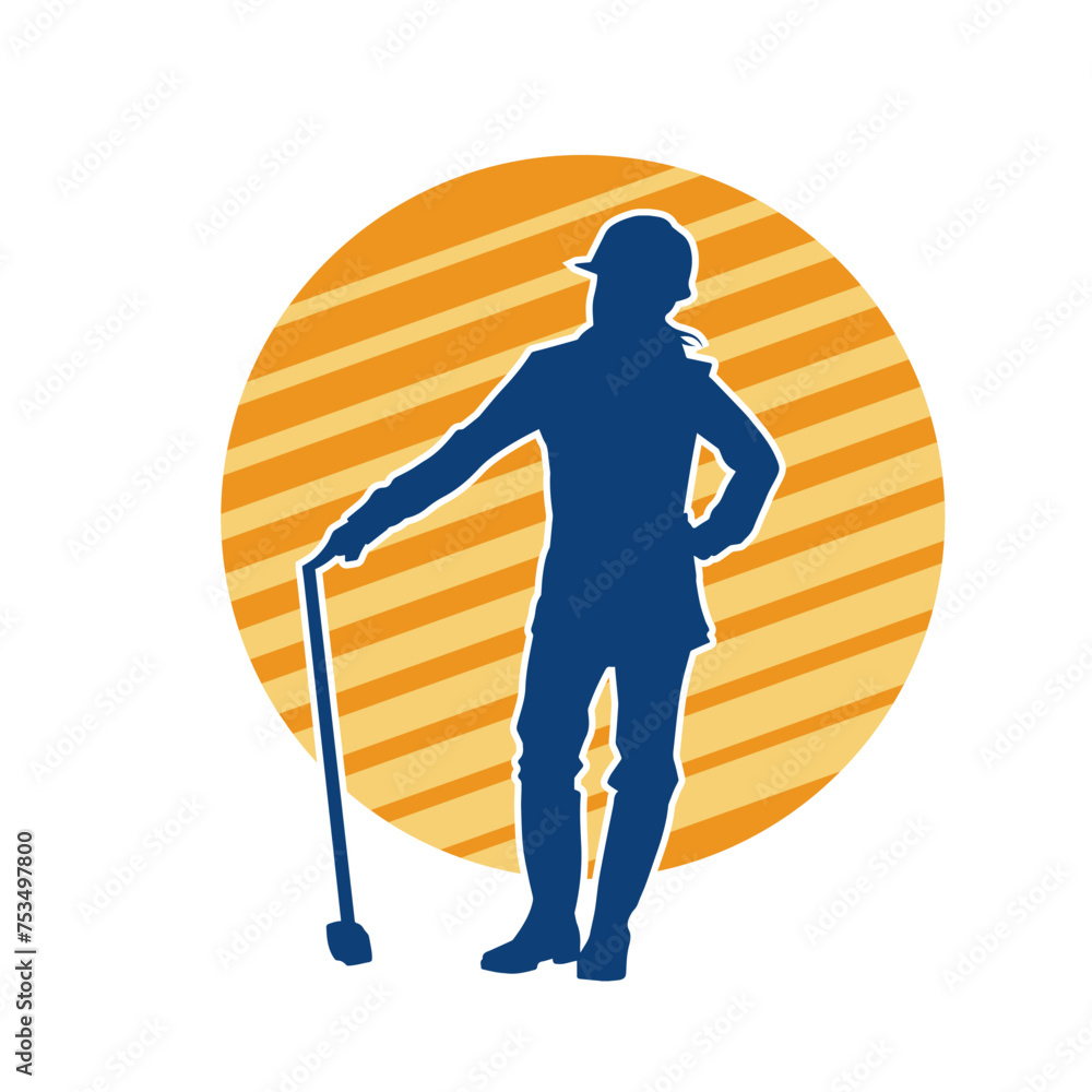 Obraz premium Silhouette of a woman in worker costume carrying pick axe tool in action pose. Silhouette of a female miner in action pose with pick axe tool.