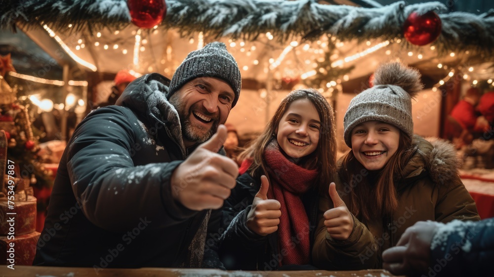 Fototapeta premium A happy family giving thumbs up together, Fictional Character Created By Generated AI.