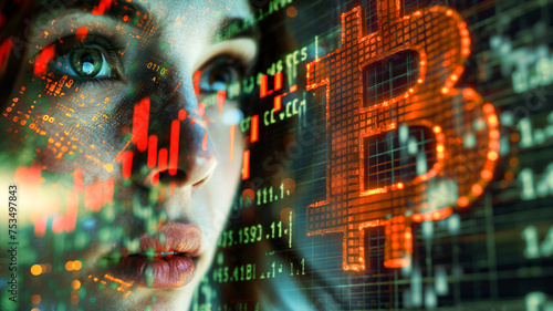 Double exposure on woman face with Bitcoin stock market graph
