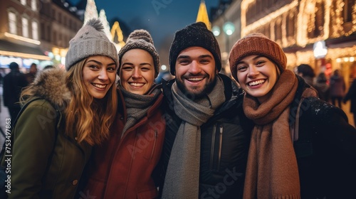 Four friends smiling together for a group photo during wintertime, Fictional Character Created By Generated AI.