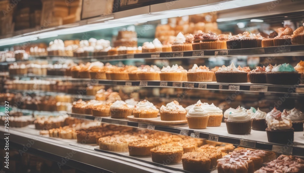 view of photo various cakes on supermarket shelves for sale image background view of photo various cakes on supermarket shelves for sale image background