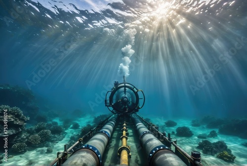 an underwater view of a pipeline, transporting oil and gas along the seabed by ai generated