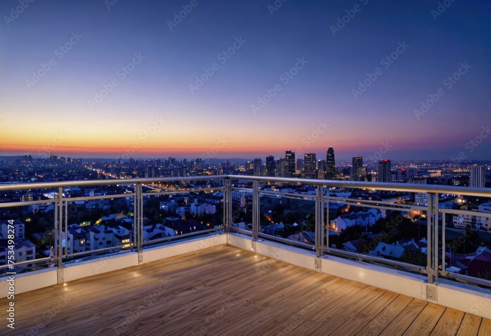 At twilight, a contemporary balcony with sleek metal railings offers a panoramic view of the cityscape  by ai generated