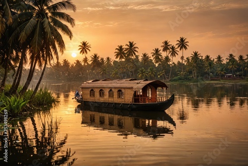 At sunset, the tranquil Kerala backwaters showcase a traditional houseboat drifting amidst palm-lined shores by ai generated