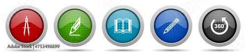 Education icons, miscellaneous buttons such as calippers, pencil, book and 360 degree, circle glossy web icon collection