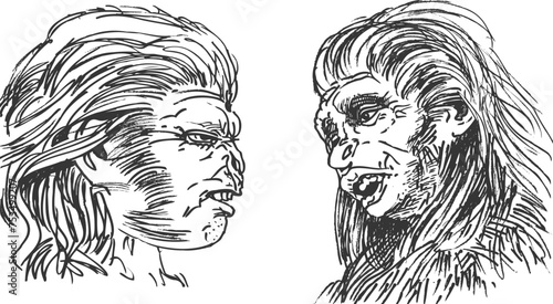 Heads caveman neanderthals. Hand drawn sketch. Vector photo