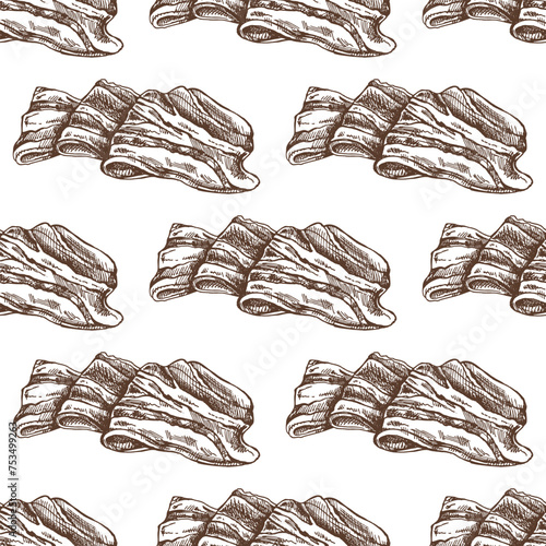 Hand-drawn vector seamless pattern of bacon in engraved vintage style. Hand-drawn monochrome pattern of hamon or pork meat, ham slice. Italian prosciutto vintage sketch.