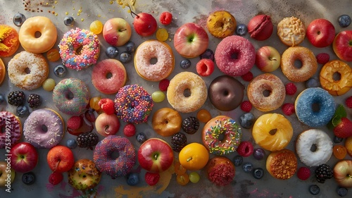 An enticing display of assorted donuts, each brightly decorated, showcasing a vibrant palette of icing and sprinkles, embodying the essence of colorful junk food.