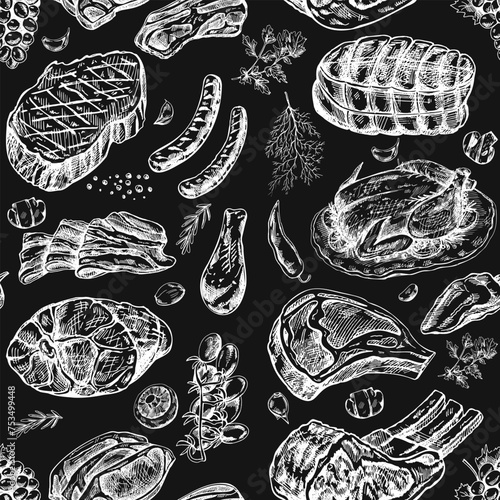 Meat and vegetables seamless pattern in engraved vintage style. Hand-drawn monochrome pattern of barbecue meat pieces with herbs and seasonings. White sketches for restaurant on chalkboard background.