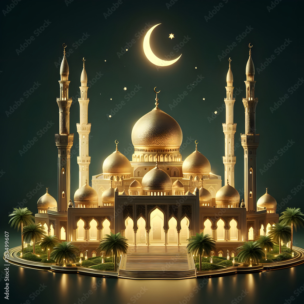 Golden Mosque, an Islamic festival, celebrating Ramadan, Isolated in a dark background, copy space