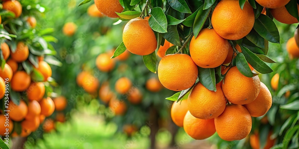 Ripe oranges on tree in orchard, closeup.