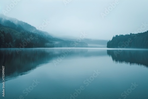 The smooth reflective surface of a calm lake at dawn