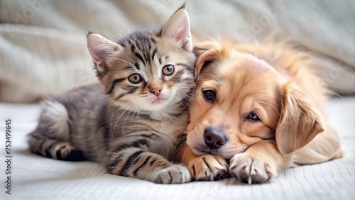 Puppy and kitten together on a white background, close-up