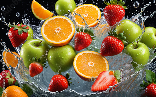 a whirlwind of apples  strawberries  orange slices  grapes that swirl in drops  splashes of water  a tornado of fruit