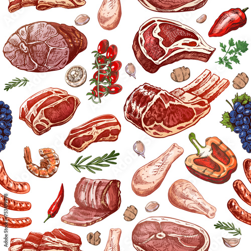 Meat and vegetables seamless pattern in engraved vintage style. Hand-drawn colored pattern of barbecue meat pieces with herbs and seasonings. Sketches for meat restaurant.
