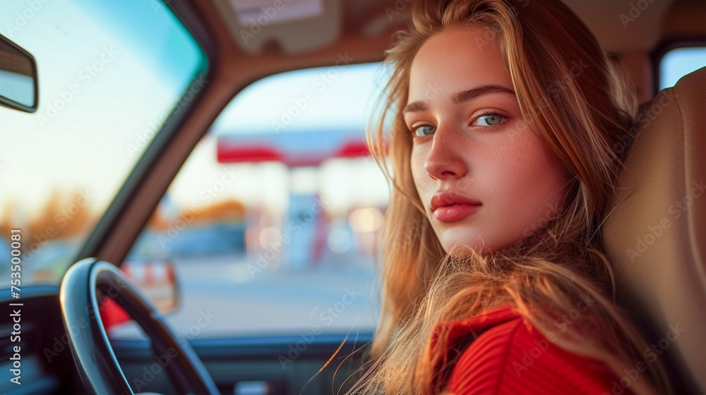Portrait of a young female driver against the background of a modern gas station, emphasizes the dynamism of urban life.