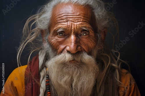 Shudra man, his serene expression and gentle demeanor revealing a depth of experience and wisdom accumulated over the years, dressed in traditional attire, embodying the qui photo