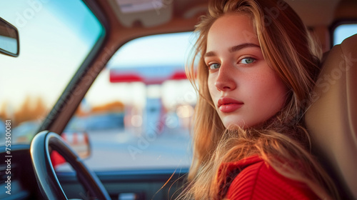 Portrait of a young female driver against the background of a modern gas station, emphasizes the dynamism of urban life. photo