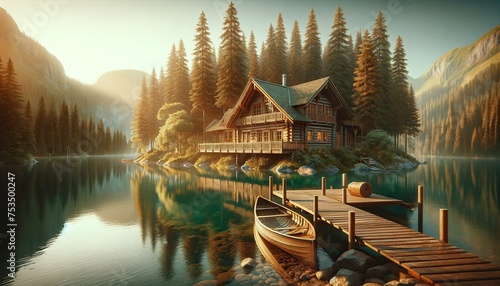 Landscape a lake with a rustic cottage .The foreground is calm lake with crystal clean water cabin, cottage house, grass, sunset, wilderness, holiday, north america, outdoors, natural, reflection  photo