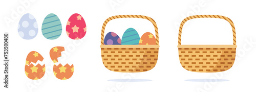 Easter basket woven with eggs icon vector flat cartoon graphic illustration set, flower bamboo wicker hamper box holder isolated elements image clipart