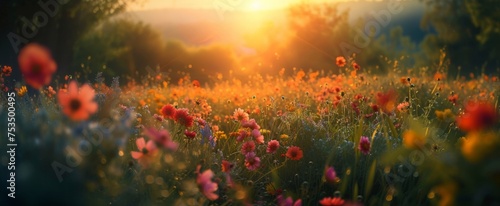 Tranquil Sunset Over a Vibrant Wildflower Meadow: A Harmony of Color and Light in Nature's Serenity © Andrei