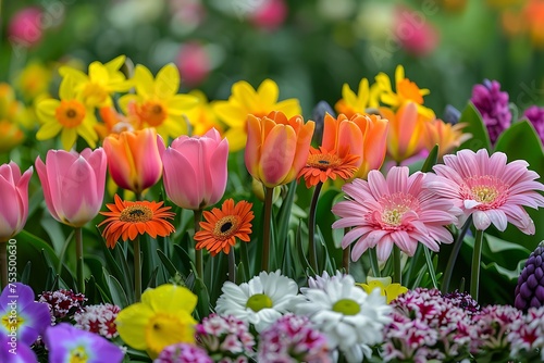 photograph of beautiful Easter flowers in a European garden generated by AI