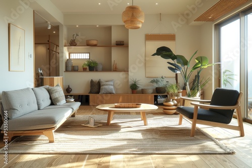 日本の和の要素が入ったモダンなリビング風景（和モダン・シンプルモダン・アジアンモダン）