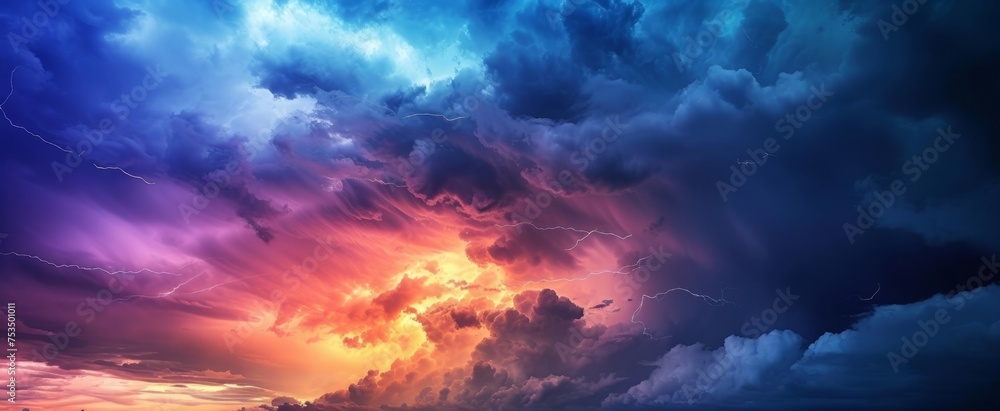 Dramatic Sky with Vivid Colors: Thunderstorm with Lightning, Sunset and Cloud Formations Stock Photo