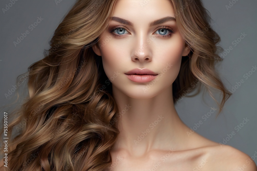 Fototapeta premium Beautiful long brown hair beauty model, Ai generated 