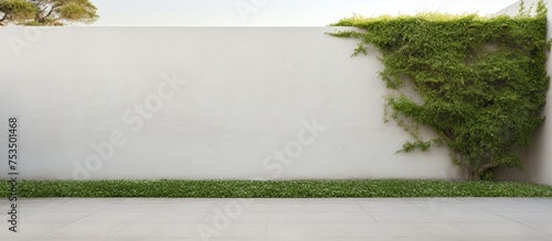 Green grass and white wall in a garden against a white backdrop