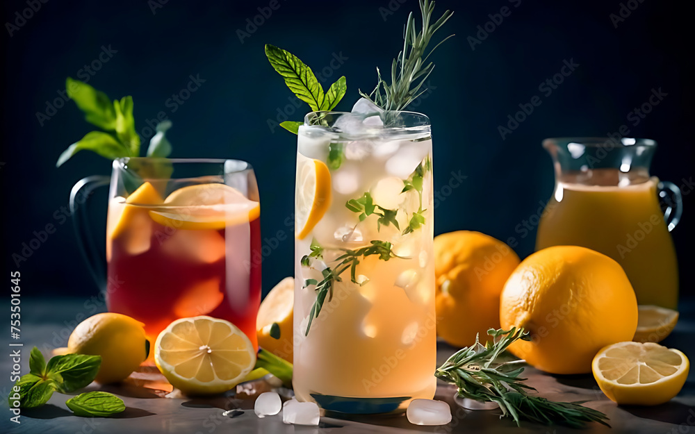 Refreshing summer lemonade cocktail with mix of juices teas and herbs Refreshing summer lemonade cocktail with mix of juices teas and herbs