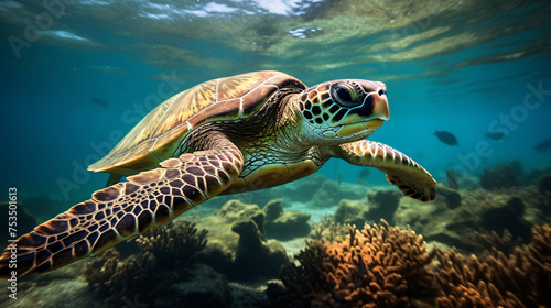 Closeup of a big green sea turtle