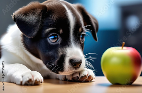 puppy watching microscope  glasses  eating apple 