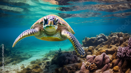 Closeup of a big green sea turtle