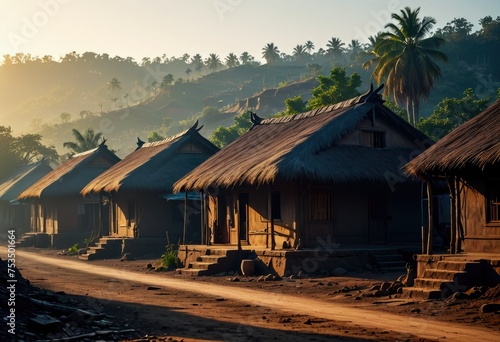 an Indian village with silhouetted houses casting black shadows against a morning background