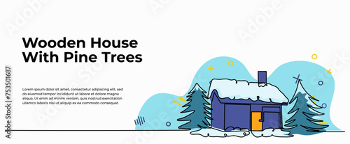 Vector illustration of a house with trees and a snowman. Modern flat in continuous line style.