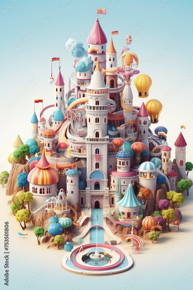 3D isometric theme park on white magical fairy tale characters 3D isometric theme park on white magical fairy tale characters