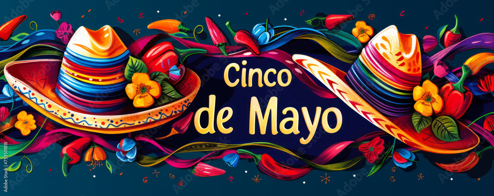 Festive Cinco de Mayo celebration banner with vibrant Mexican elements, sombrero, maracas, and chili peppers, embodying the spirit of Mexican culture and heritage