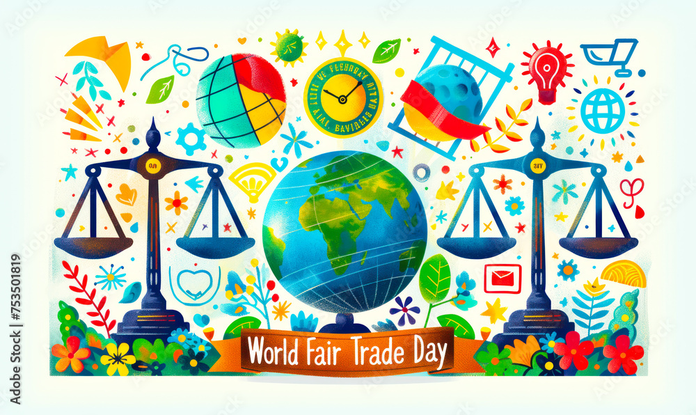 Colorful illustration celebrating World Fair Trade Day with a globe, scales of justice, and various symbols of ethical commerce and global partnership