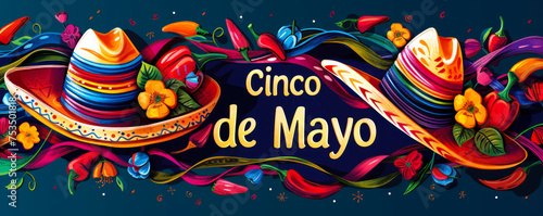 Festive Cinco de Mayo celebration banner with vibrant Mexican elements, sombrero, maracas, and chili peppers, embodying the spirit of Mexican culture and heritage