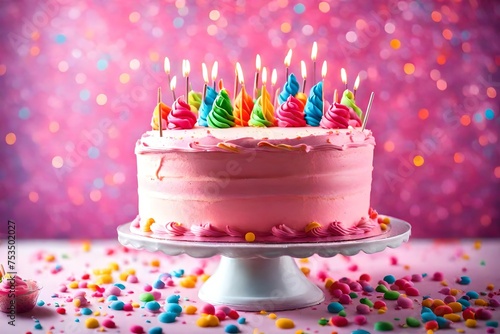 A cute pink cake with a colorful light background.